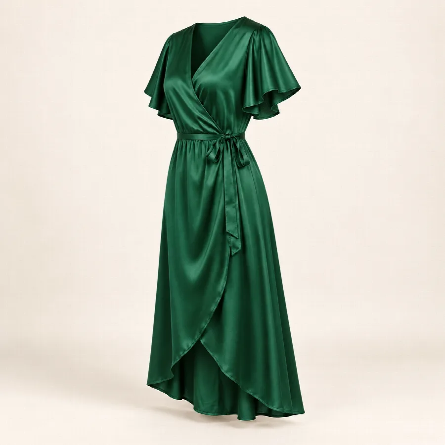 Emerald Satin Flutter-Sleeve Wrap Dress — photo 4 of 4