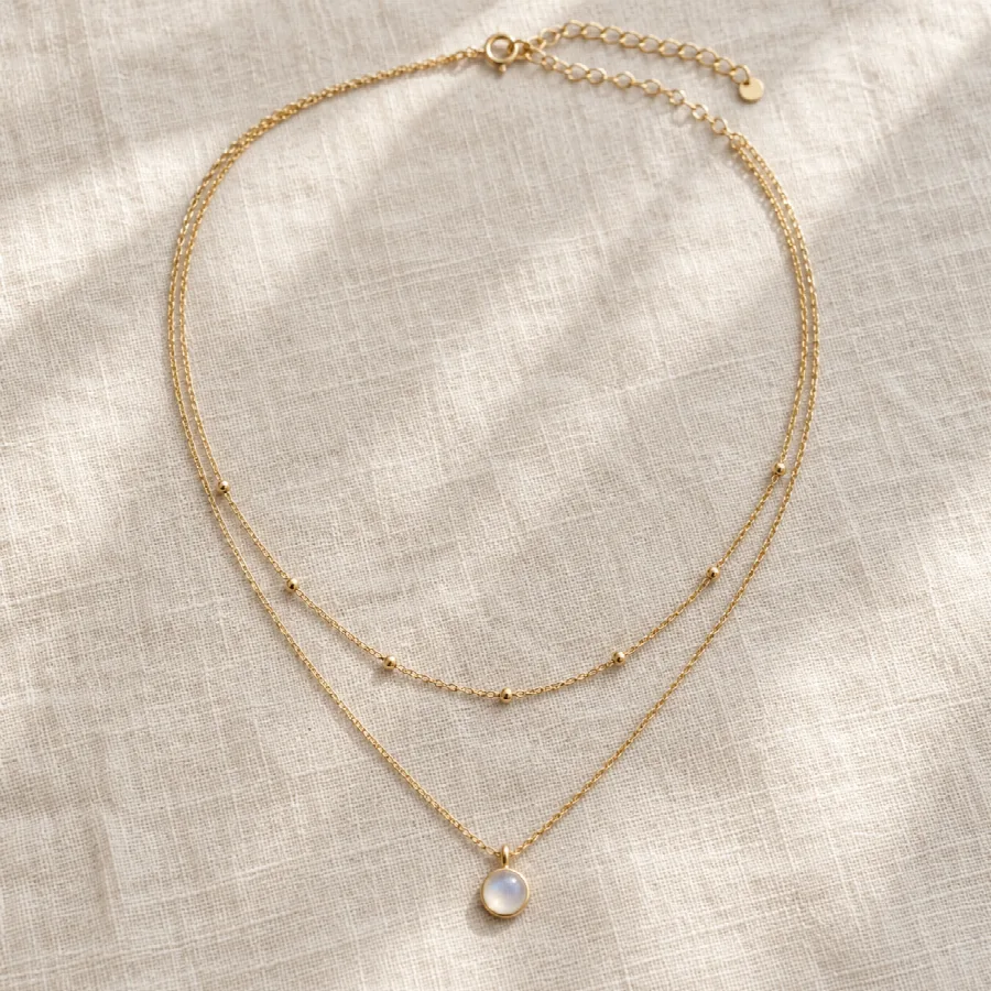 Layered Gold Necklace with Moonstone Pendant