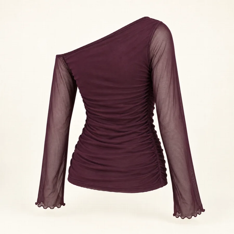 Plum Ruched Off-Shoulder Mesh Top — photo 2 of 2
