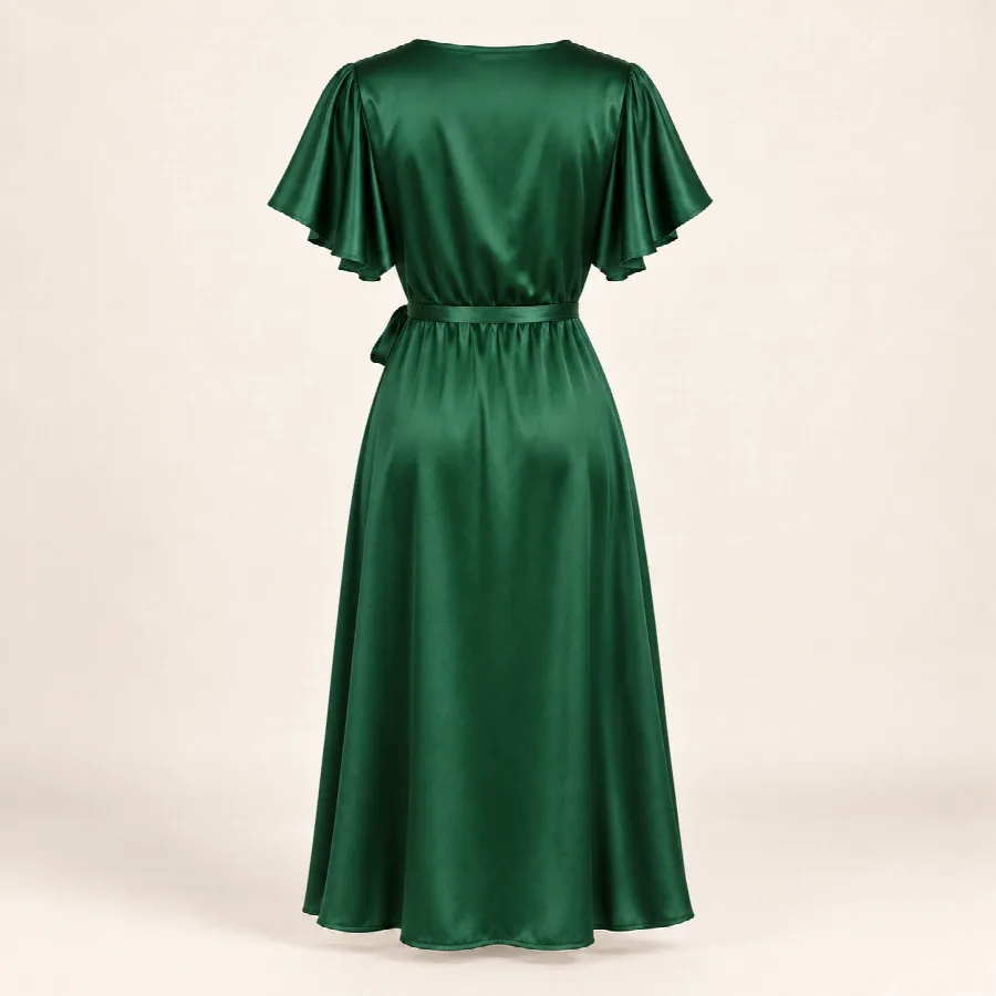 Emerald Satin Flutter-Sleeve Wrap Dress — photo 3 of 4