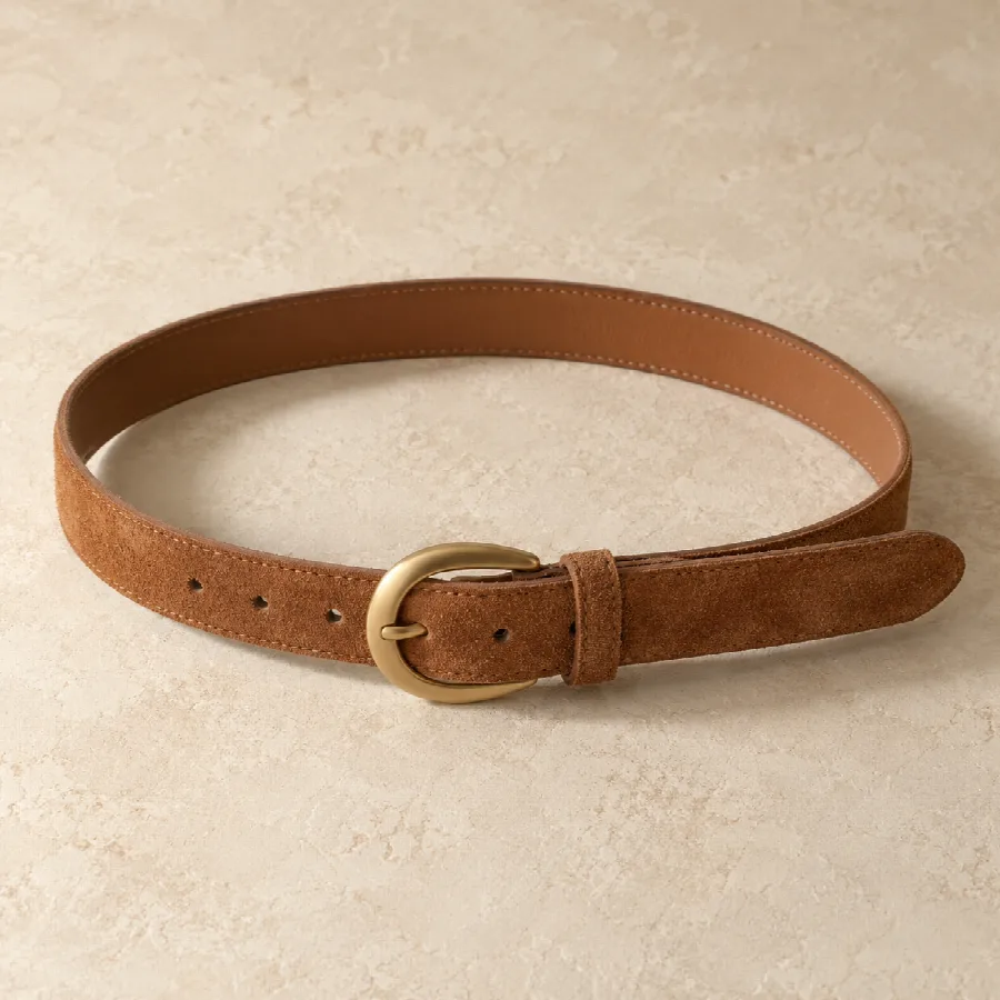 Cognac Suede Belt with Brass Buckle