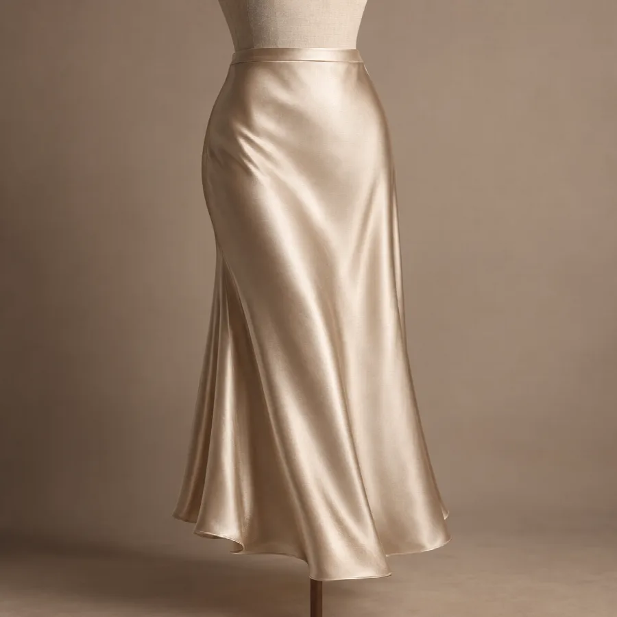 Champagne Satin Bias-Cut Midi Skirt