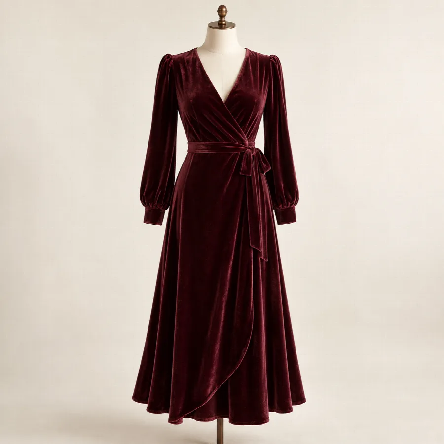 Burgundy Velvet Wrap Midi Dress