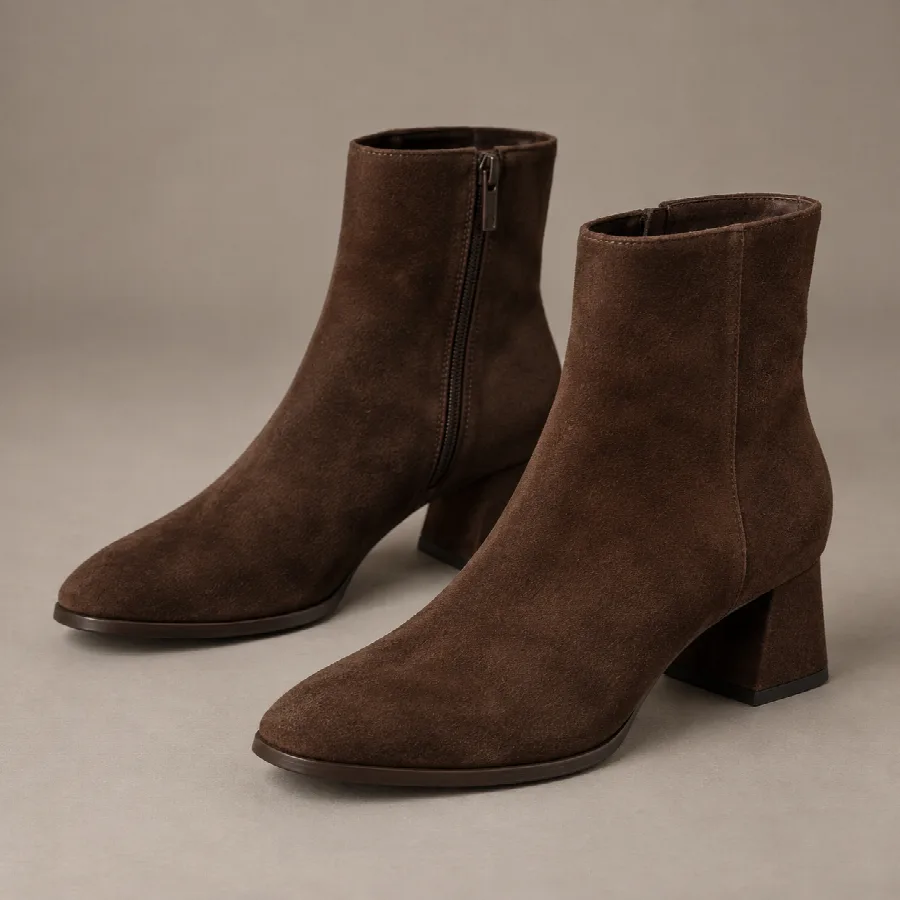 Chocolate Suede Block-Heel Ankle Boots