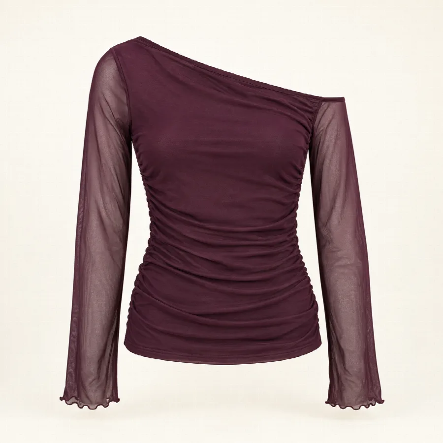 Plum Ruched Off-Shoulder Mesh Top