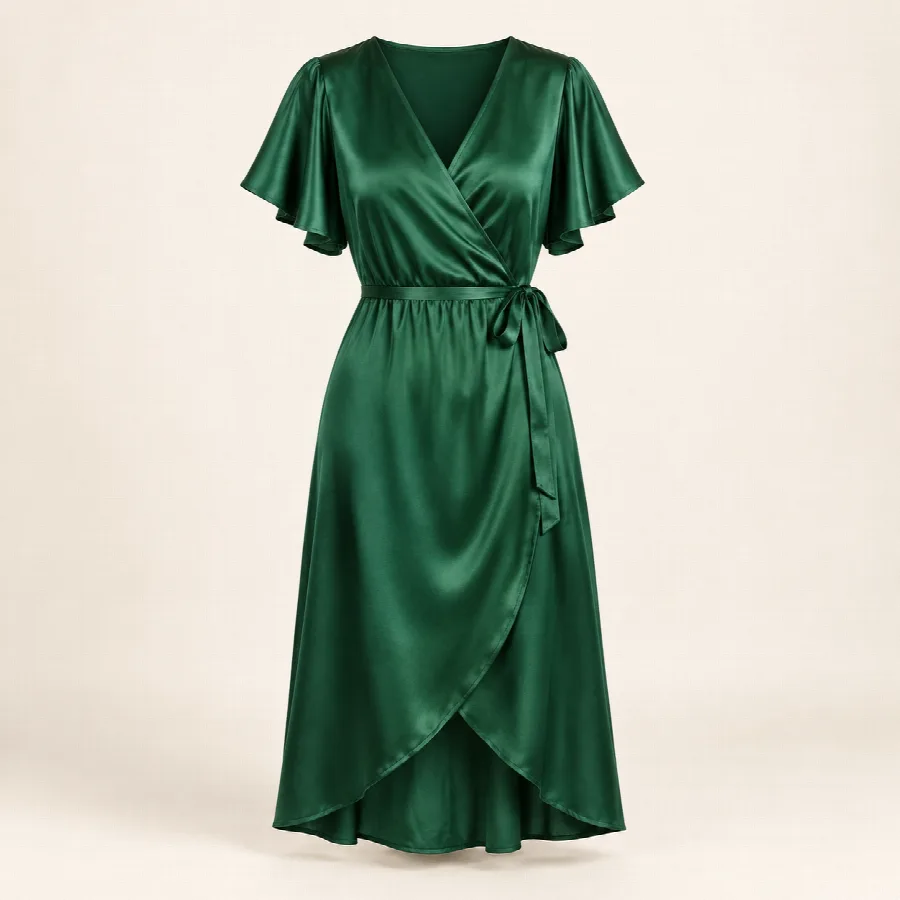 Emerald Satin Flutter-Sleeve Wrap Dress