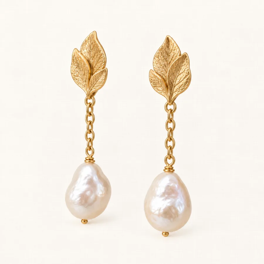 Gold Leaf & Baroque Pearl Drop Earrings — photo 2 of 4