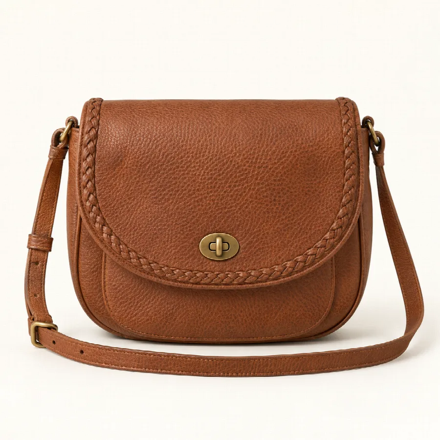 Cognac Braided-Trim Saddle Crossbody