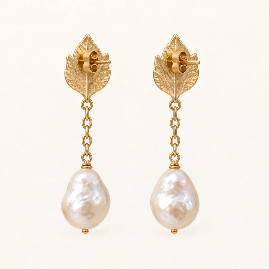 Gold Leaf & Baroque Pearl Drop Earrings — photo 3 of 4