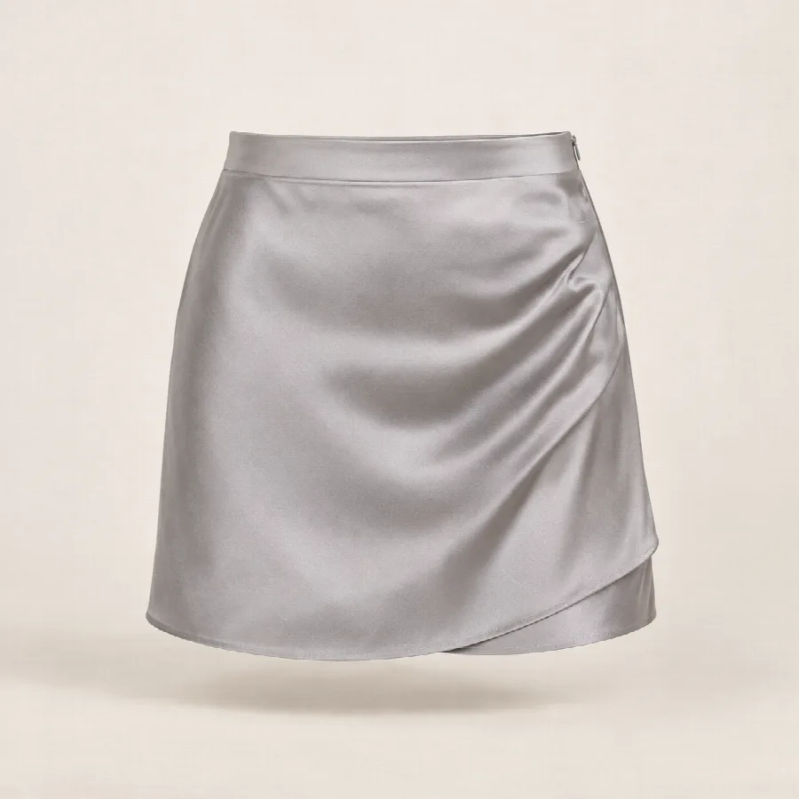 Silver Satin Ruched Wrap Mini Skirt