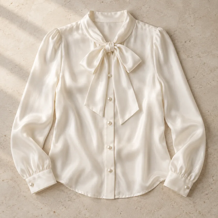 Ivory Satin Bow-Neck Blouse