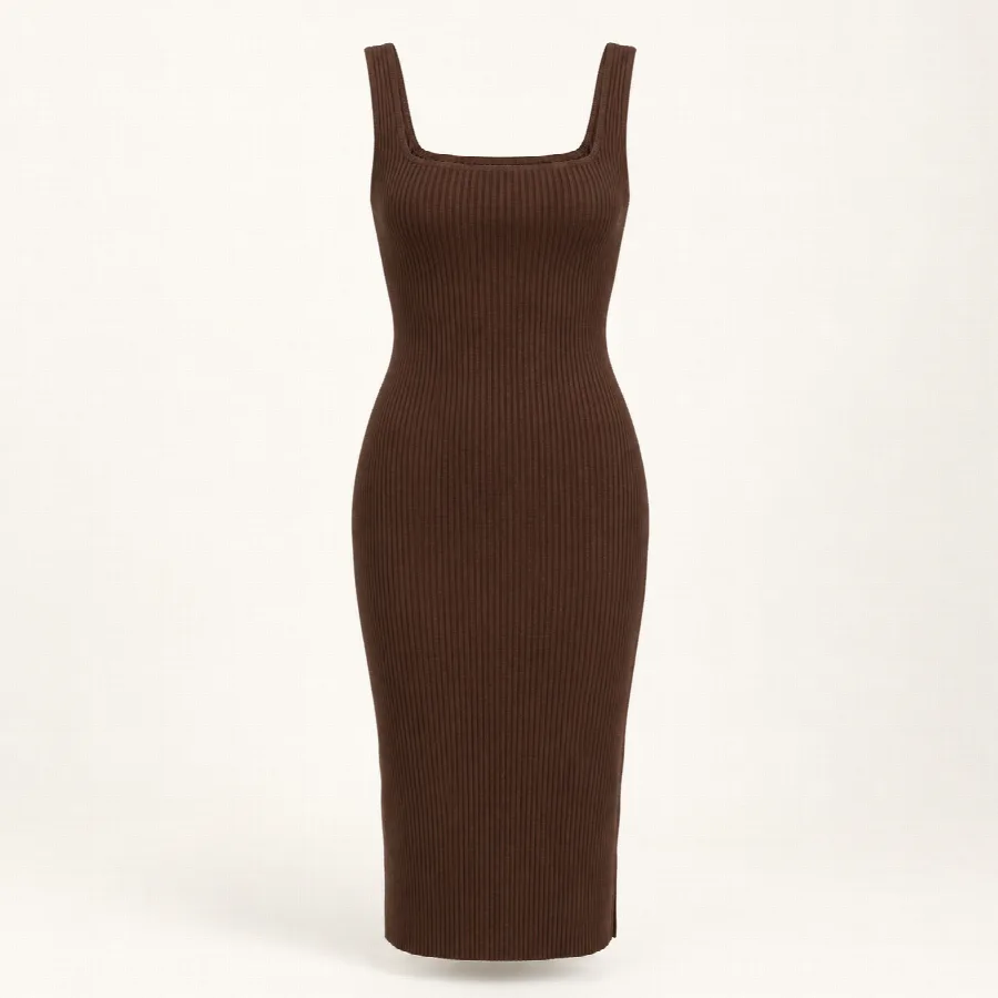 Chocolate Ribbed Knit Midi Dress