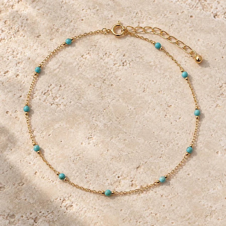 Gold Anklet with Turquoise Beads