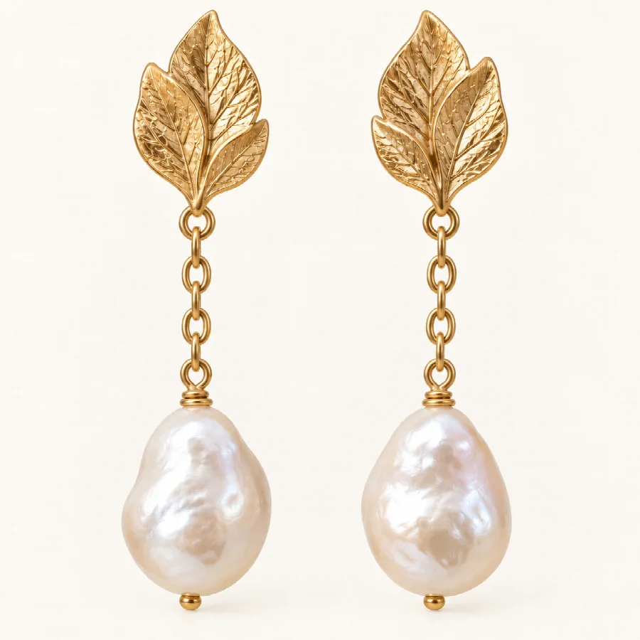 Gold Leaf & Baroque Pearl Drop Earrings — photo 4 of 4
