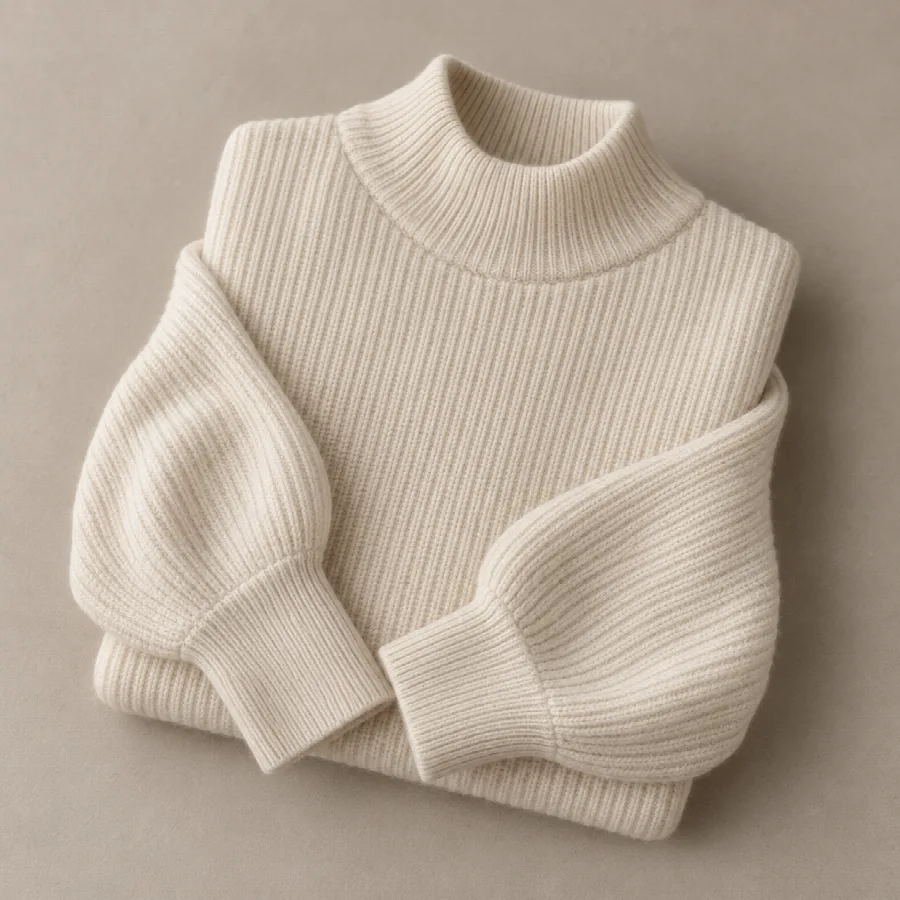 Cream Ribbed Mock-Neck Sweater