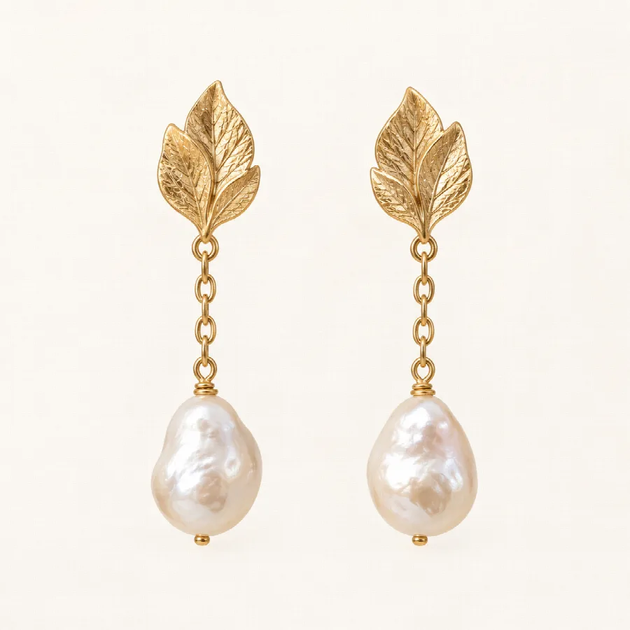 Gold Leaf & Baroque Pearl Drop Earrings