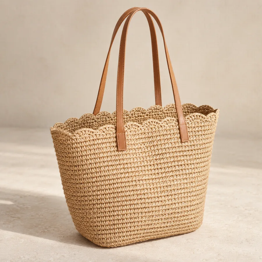 Scalloped Woven Straw Tote