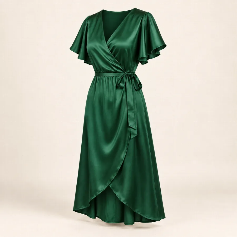 Emerald Satin Flutter-Sleeve Wrap Dress — photo 2 of 4