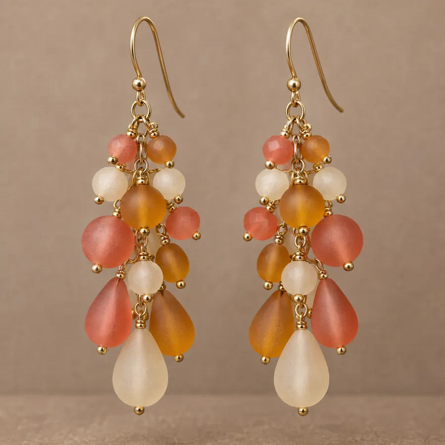 Coral & Amber Beaded Cluster Earrings