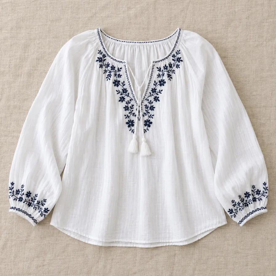 White Embroidered Peasant Blouse