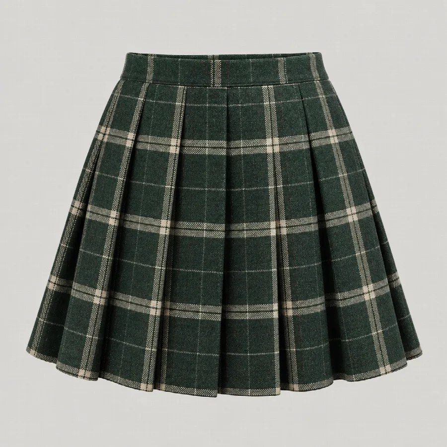 Green Plaid Pleated Mini Skirt