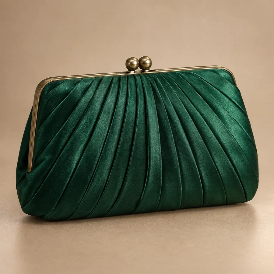Emerald Pleated Satin Evening Clutch